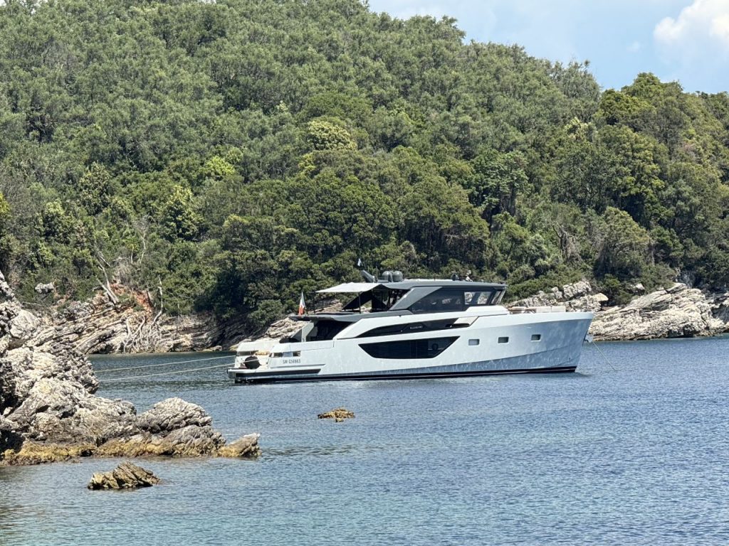 M8-15 Exterior photo at anchor in Greece. BGX 63'